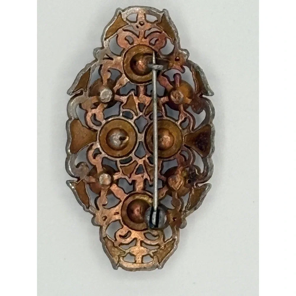 Antique Victorian Gilded Brass  Blue‎ Glass Pin Brooch C-clasp